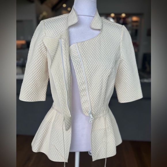 Vera Wang Structured Jacket 3/4 Sleeve Front Zip Cotton Wool Silk Ecru Like New - Picture 11 of 15